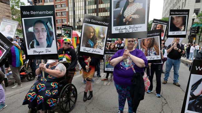 A group memorializing transgender people who died because of bias or hate in the U.S. marches in the Pride parade, Saturday, June 10, 2023, in Boston.