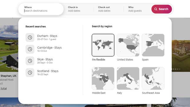screenshot of airbnb country screen