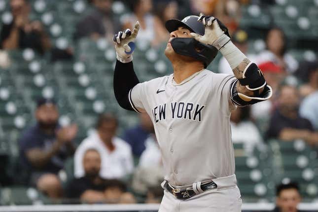 Aug 29, 2023; Detroit, Michigan, USA; New York Yankees second baseman Gleyber Torres (25) celebrates after hitting a home run in the first inning against the Detroit Tigers at Comerica Park.