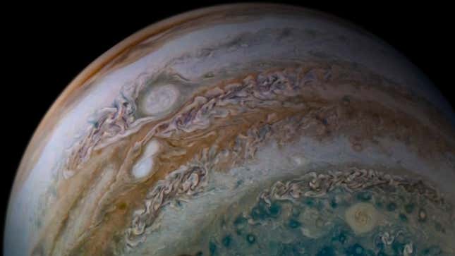 A spectacular view of Jupiter, as captured by NASA’s Juno probe. 