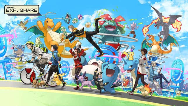A crowd of trainers and Pokemon are seen walking on a road with PokeStops surrounding them.