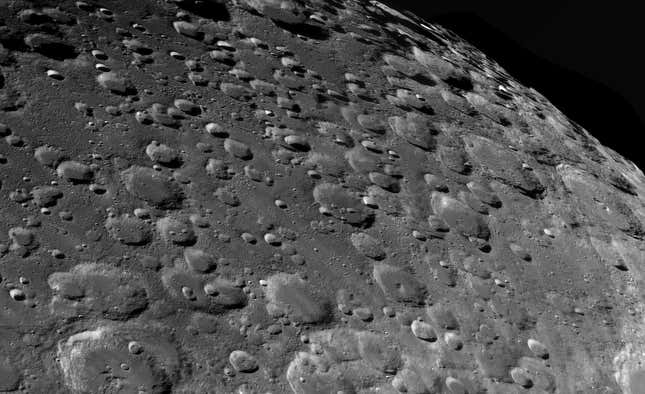 An incredibly close-up view of the roughhewn lunar landscape littered with craters and crater lets. (Jordi Delpeix Borrell)