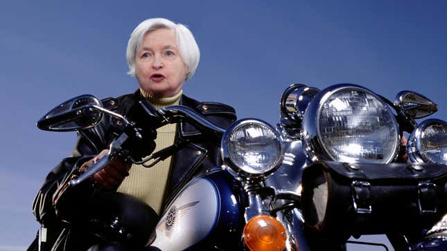 Image for article titled Motorcycle-Revving Janet Yellen Folds Up Picture Of Cryptocurrency Before Speeding Away