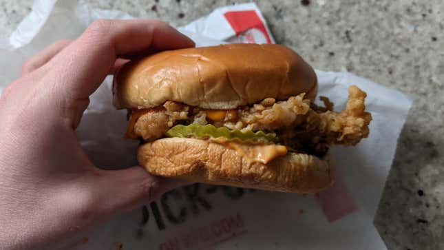 The spicy KFC Chicken Sandwich had great breast meat, but got worse as it cooled off. 