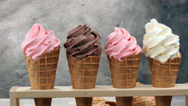 Soft serve ice cream cones in stand