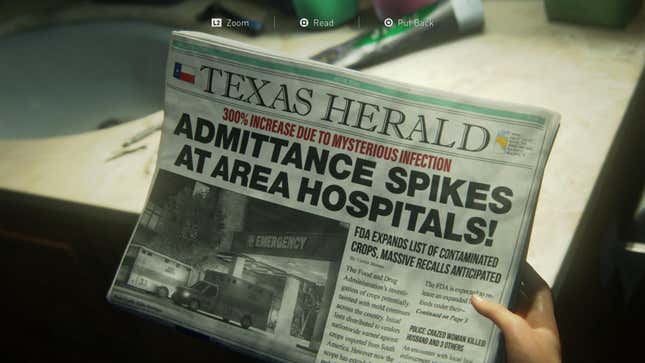 In an image from the game's prologue, Sarah holds a Texas newspaper with the headline Admittance Spikes At Area Hospitals!