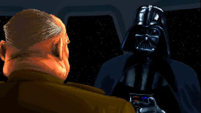 A screenshot from Dark Forces shows Darth Vader talking to an Imperial officer. 