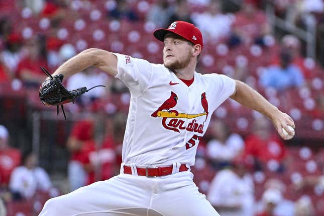 Aug 29, 2023; St. Louis, Missouri, USA;  St. Louis Cardinals starting pitcher Zack Thompson (57) pitches against the San Diego Padres during the first inning at Busch Stadium.