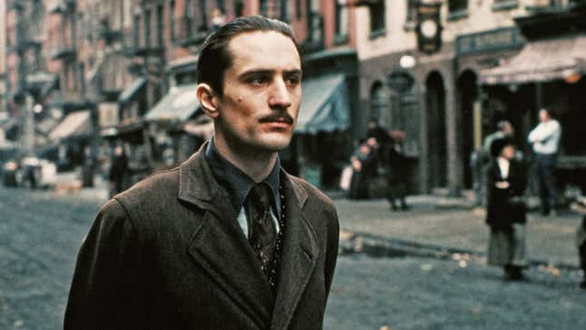 Robert DeNiro with a mustache on a New York City street on The Godfather Part II set.