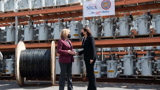 Vice President Kamala Harris speaks with Sen. Maggie Hassan (D-NH)(L) during a listening session on broadband internet at the New Hampshire Electric Co-op in Plymouth, N.H., April 23, 2021, as she travels to the state to promote the administration’s economic plans.