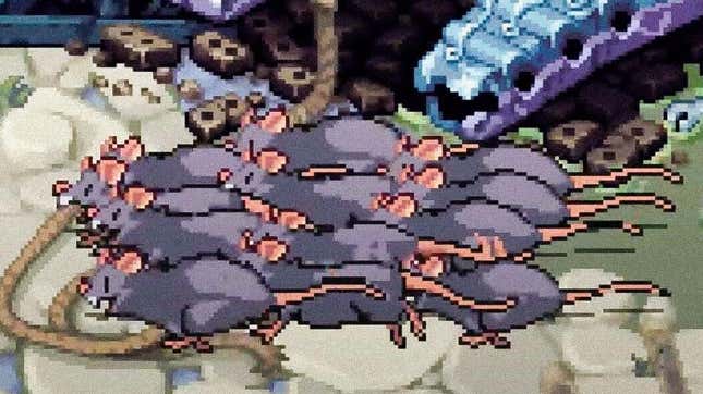 A bunch of smiling rats scurry in the game Shredder's Revenge.