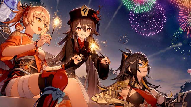 Hu Tao, Yoimiya, and Dehya hang out under the fireworks.