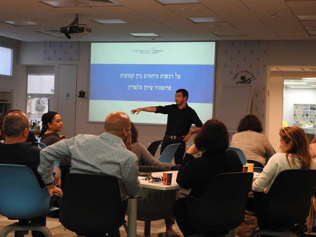 Halperin gives a lecture at a conference for teachers at IDC-Herzliya.