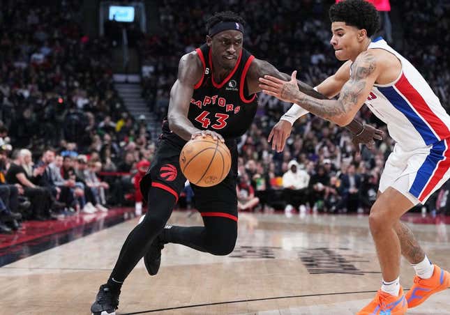 Mar 24, 2023; Toronto, Ontario, CAN; Toronto Raptors forward Pascal Siakam (43) controls the ball as Detroit Pistons guard Killian Hayes (7) tries to defend during the third quarter at Scotiabank Arena.