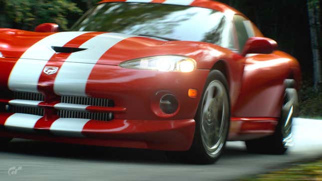 A close up of a first-generation Dodge Viper GTS headlight taken within Gran Turismo 7