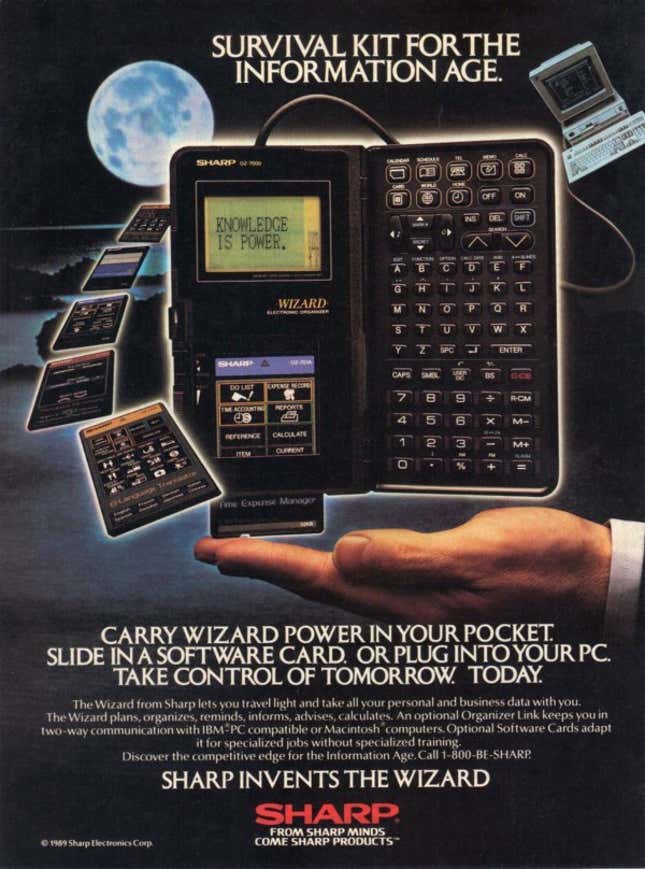 An ad for the 1989 Sharp Wizard OZ-7000, including accessories.