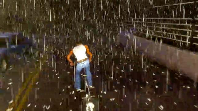 A screenshot from JankyNedelko's tweet of Carl "CJ" Johnson from GTA: San Andreas biking in quite possible the worst rainstorm ever.