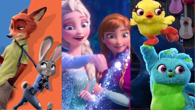 Characters from Zootopia, Frozen, and Toy Story