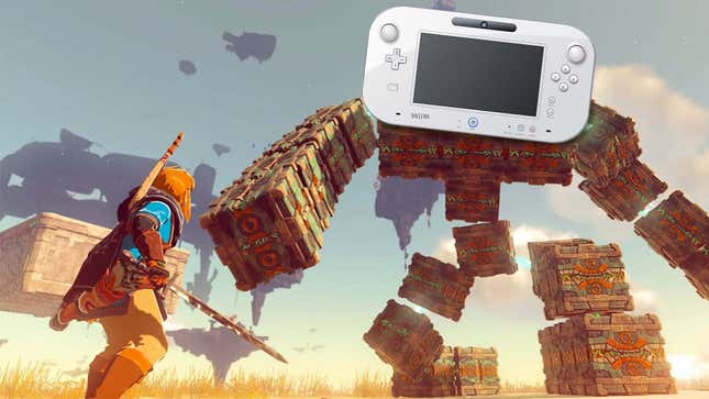 Link is battling some gigantic cube monster in Tears of the Kingdom, with a Wii U console superimposed on the monster’s head.