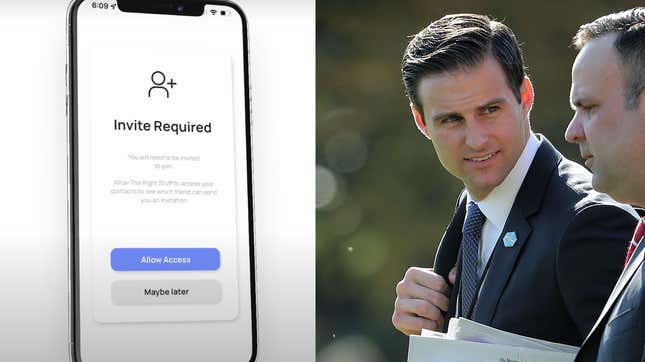 On the left is an screenshot of The Right Stuff app, on the left John Mcentee walks and listens to Dan Scavino on the White House lawn.