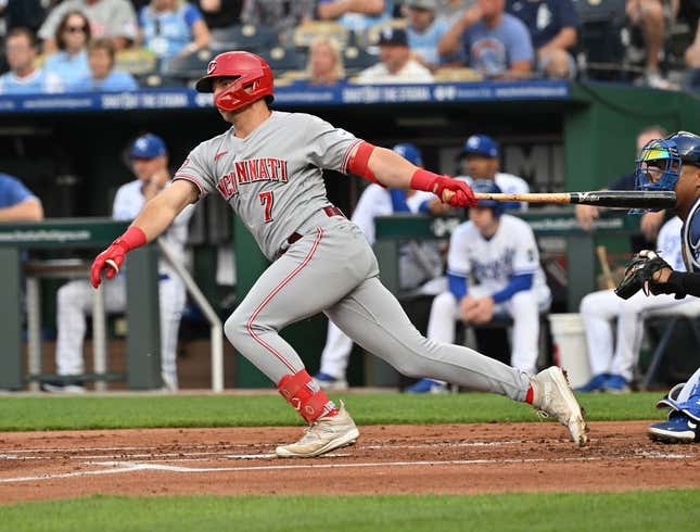 Jun 13, 2023; Kansas City, Missouri, USA; Cincinnati Reds first baseman Spencer Steer (7) hits an RBI single in the first inning against Kansas City Royals at Kauffman Stadium.