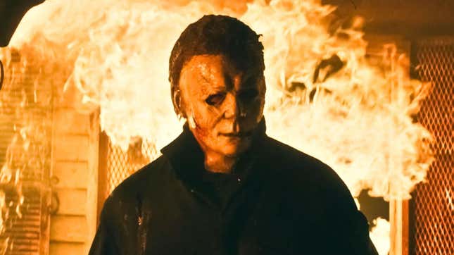 Halloween villain Michael Myers emerges from an inferno, ready to kill again.