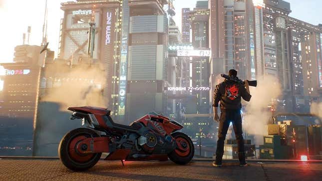 A man stands next to a motorcycle and looks at the Night City skyline in Cyberpunk 2077.
