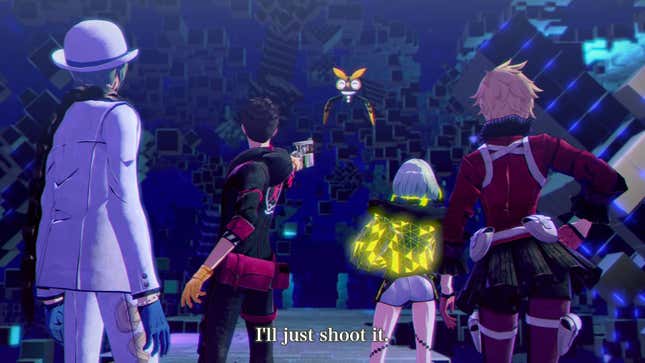 Arrow points his gun at a mysterious talking owl-like creature while the rest of the Devil Summoners watch on behind him.