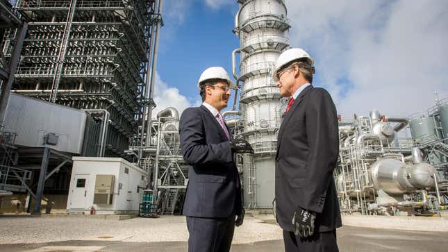Then-Secretary of Energy Rick Perry (right) joins NRG Energy CEO Mauricio Gutierrez (left) on a tour of the Petra Nova carbon capture and enhanced oil recovery system on Thursday, April 13, 2017. The plant closed less than four years after this photo was taken.