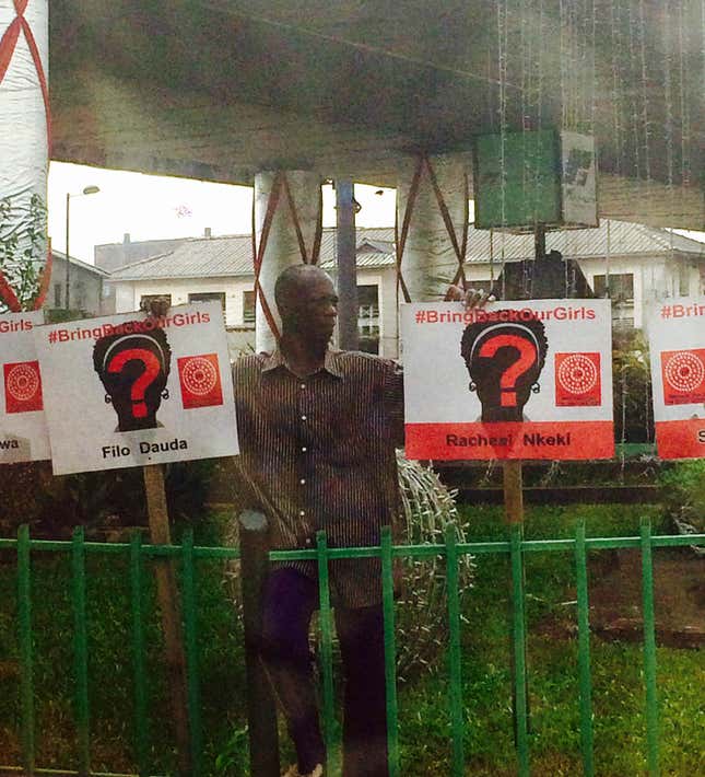 Signs for the #BringBackOurGirl campaign in Awolowo Roundabout on Lagos Island.