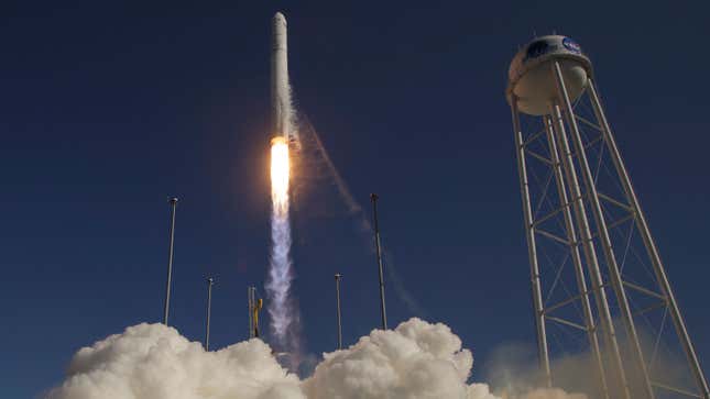 A photo of an Antares rocket launching in Virginia. 