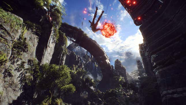 One of Anthem's Javelins flies through the sky as something explodes above it. 