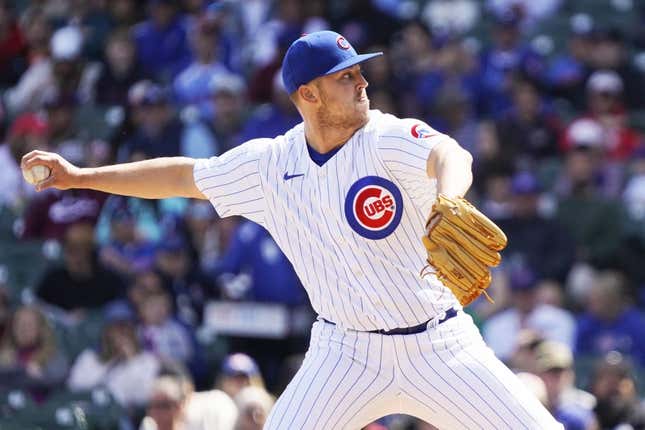 Apr 9, 2023; Chicago, Illinois, USA; Chicago Cubs starting pitcher Jameson Taillon (50) throws the ball against the Texas Rangers during the first inning at Wrigley Field.
