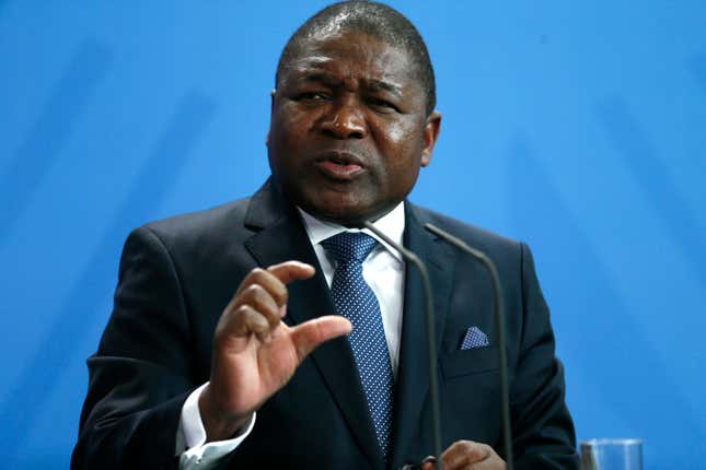 Mozambique President Filipe Nyusi speaks to media during a news conference with German Chancellor Angela Merkel (unseen) after their meeting at the Chancellery in Berlin, Germany, April 19, 2016.