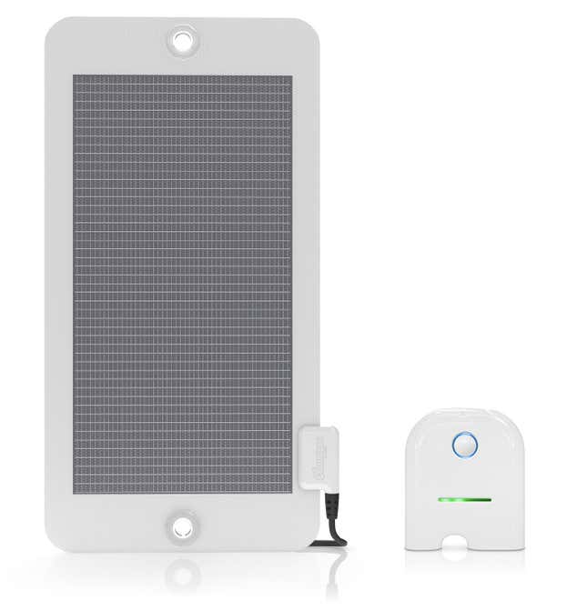 The Chargers mobile solar starter kit: Panel attaches to your bag, battery fits in your palm.
