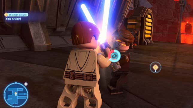 Two Lego chappies have a light sabre battle.