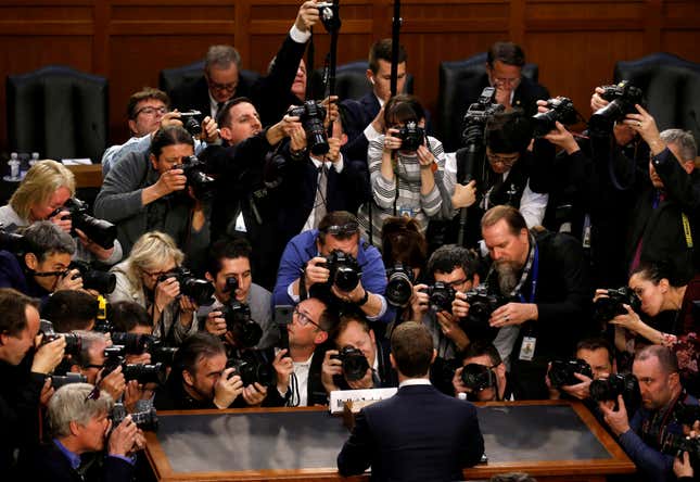 Facebook CEO Mark Zuckerberg is surrounded by members of the media as he arrives to testify before a Senate Judiciary and Commerce Committees joint hearing regarding the company’s use and protection of user data, on Capitol Hill in Washington, U.S., April 10, 2018.