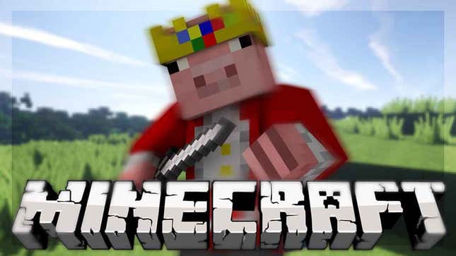 Technoblade's Minecraft avatar looks like it's about to cut the Minecraft logo in half with an iron sword.