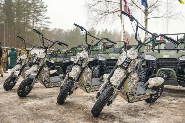 Electric military scooters being donated to Ukraine by the Latvian Ministry of Defense.