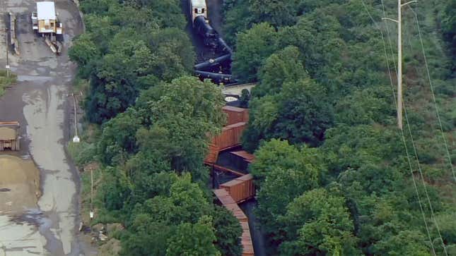 Aerial view from a helicopter of the Pennsylvania CSX train derailment on July 17, 2023.