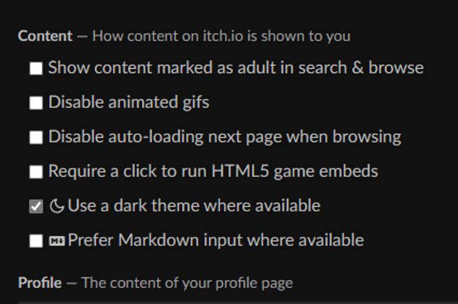 Itch.io’s content filter menu