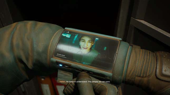 A screenshot depicts a playing video log from a Fort Solis crew member saying "He doesn't understand. The people we can save."