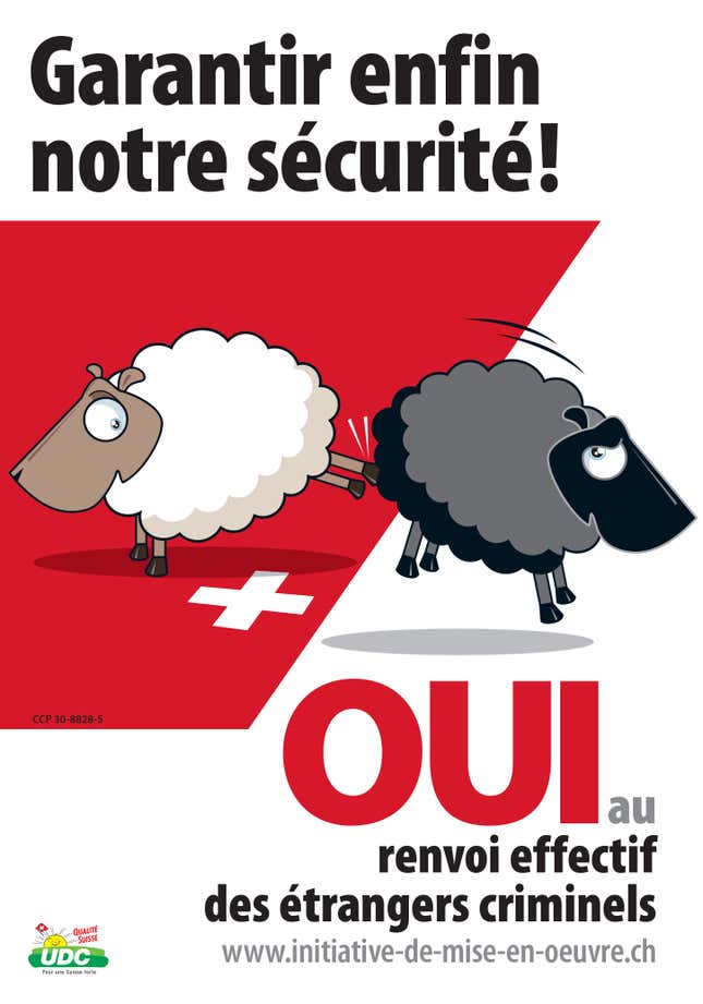 Image for article titled Switzerland’s largest political party insists on depicting foreigners as black sheep
