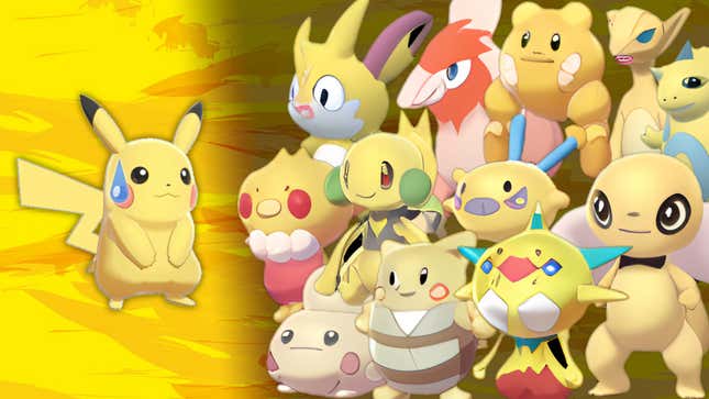 An image of Pikachu on the left staring down a bunch of AI-generated Pokémon on the right.