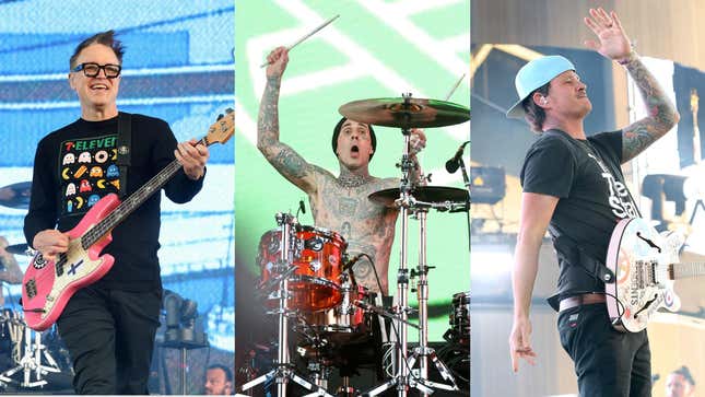 Mark Hoppus, Travis Barker, and Tom DeLonge during Blink-182&#39;s Coachella performance