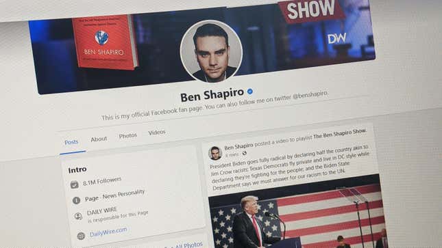 The Facebook page of right-wing commentator Ben Shapiro as seen on a screen in Washington, DC on July 14, 2021.