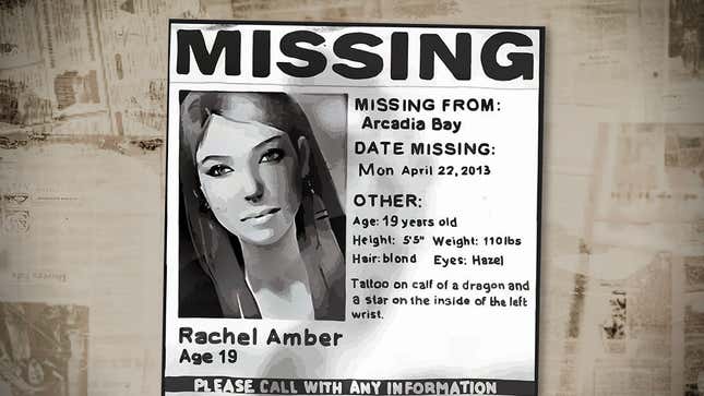 Rachel Amber stares out from her Life is Strange missing poster against a collaged, newspaper background.