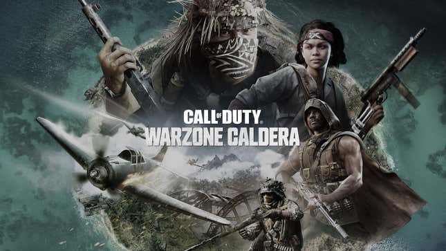 Several Operators and a plane gathered together on a Warzone: Caldera promo image.