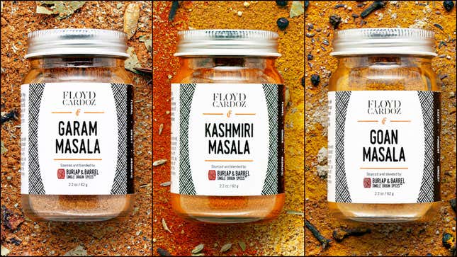Three canisters of Floyd Cardoz spices (Garam Masala, Kashmiri Masala, Goan Masala)