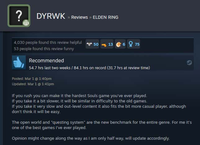 If you rush you can make it the hardest Souls game you've ever played. If you take it a bit slower, it will be similar in difficulty to the old games. If you take it very slow and out-level content it also fits the bit more casual player, although don't think it will be easy. The open world and "questing system" are the new benchmark for the entire genre. For me it's one of the best games I've ever played. Opinion might change along the way as I am only half way, will update accordingly